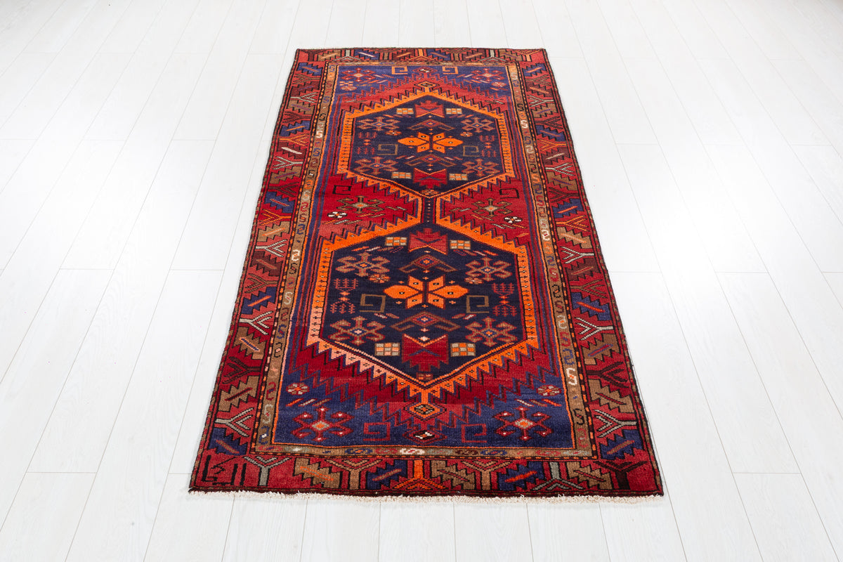Vintage Red, Navy Blue, and Orange Double Diamond Medallion Hand-Knotted Area Rug – 6' 4" x 3' 2" (192 x 97 cm)
