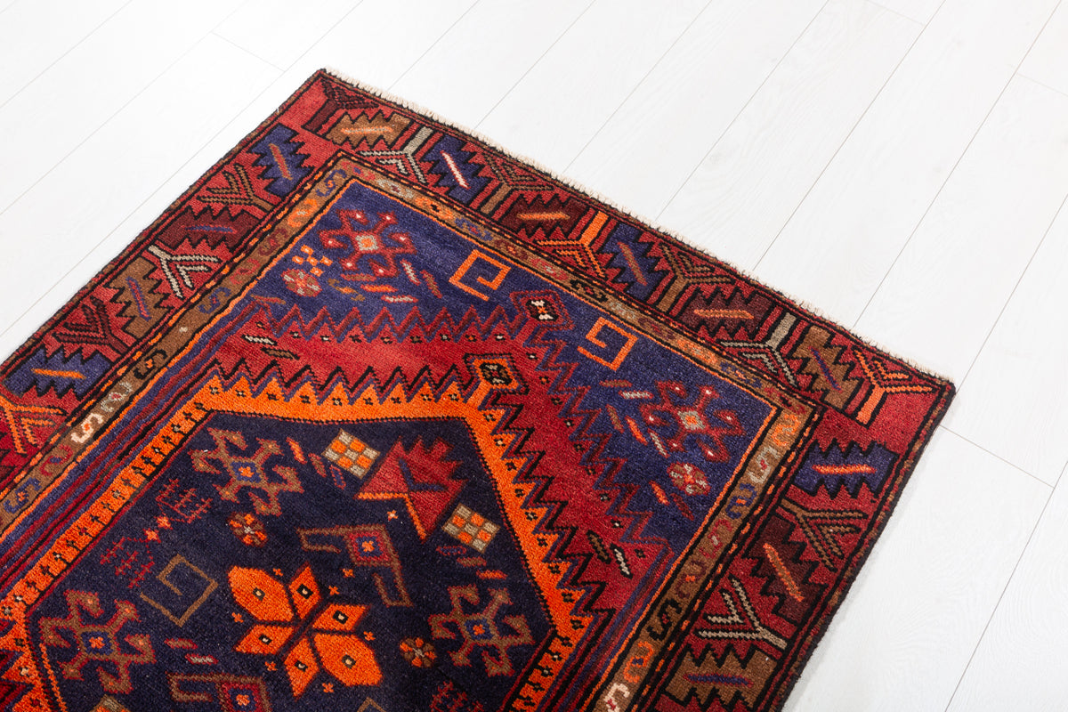 Vintage Red, Navy Blue, and Orange Double Diamond Medallion Hand-Knotted Area Rug – 6' 4" x 3' 2" (192 x 97 cm)