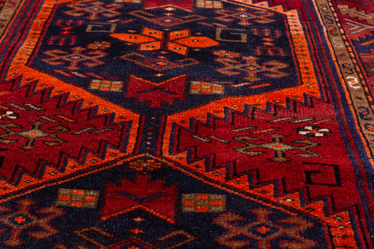 Vintage Red, Navy Blue, and Orange Double Diamond Medallion Hand-Knotted Area Rug – 6' 4" x 3' 2" (192 x 97 cm)