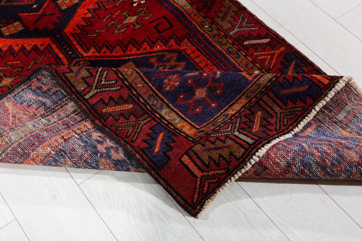 Vintage Red, Navy Blue, and Orange Double Diamond Medallion Hand-Knotted Area Rug – 6' 4" x 3' 2" (192 x 97 cm)