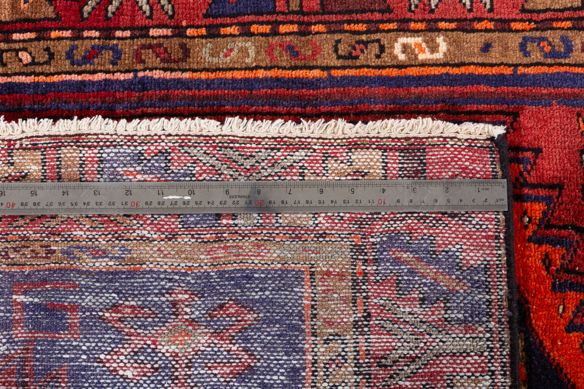 Vintage Red, Navy Blue, and Orange Double Diamond Medallion Hand-Knotted Area Rug – 6' 4" x 3' 2" (192 x 97 cm)