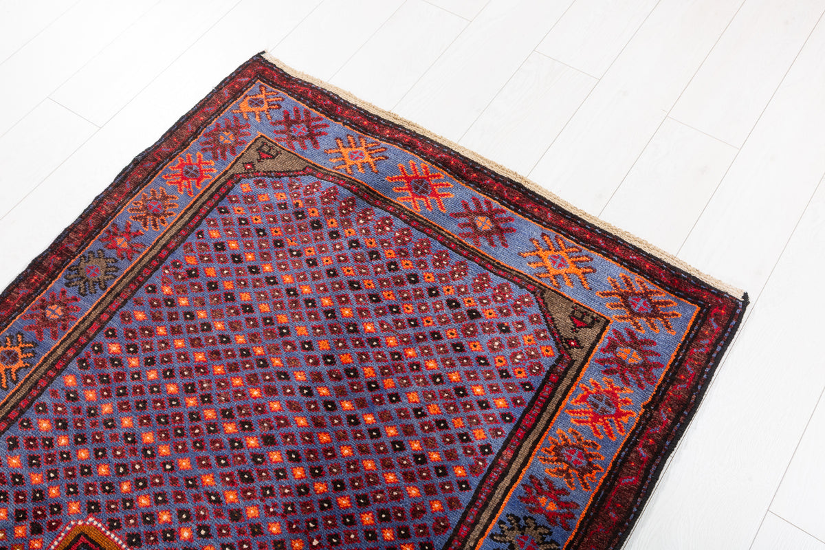Tapis vintage bleu royal à motif intégral Lattice – 6' 4" x 3' 5" (192 x 104 cm)