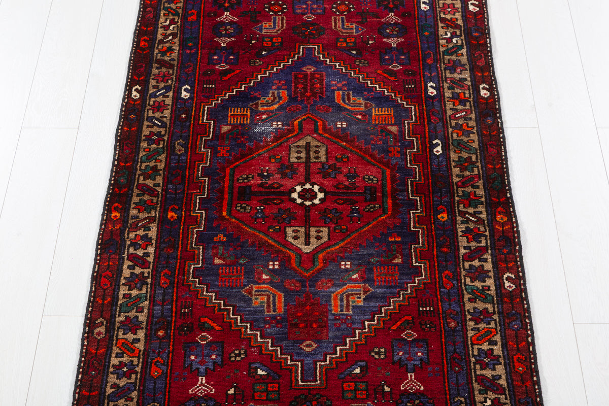 Vintage Red and Navy Blue Central Medallion Hand-Knotted Area Rug – 6' 7" x 3' 2" (201 x 97 cm)