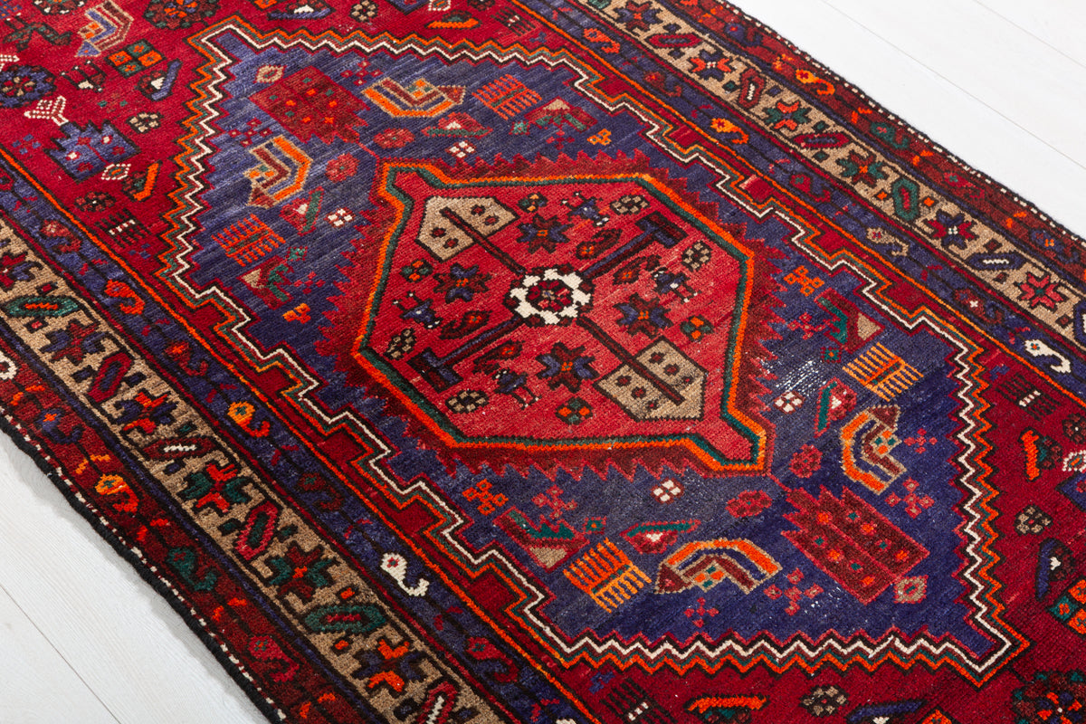 Vintage Red and Navy Blue Central Medallion Hand-Knotted Area Rug – 6' 7" x 3' 2" (201 x 97 cm)