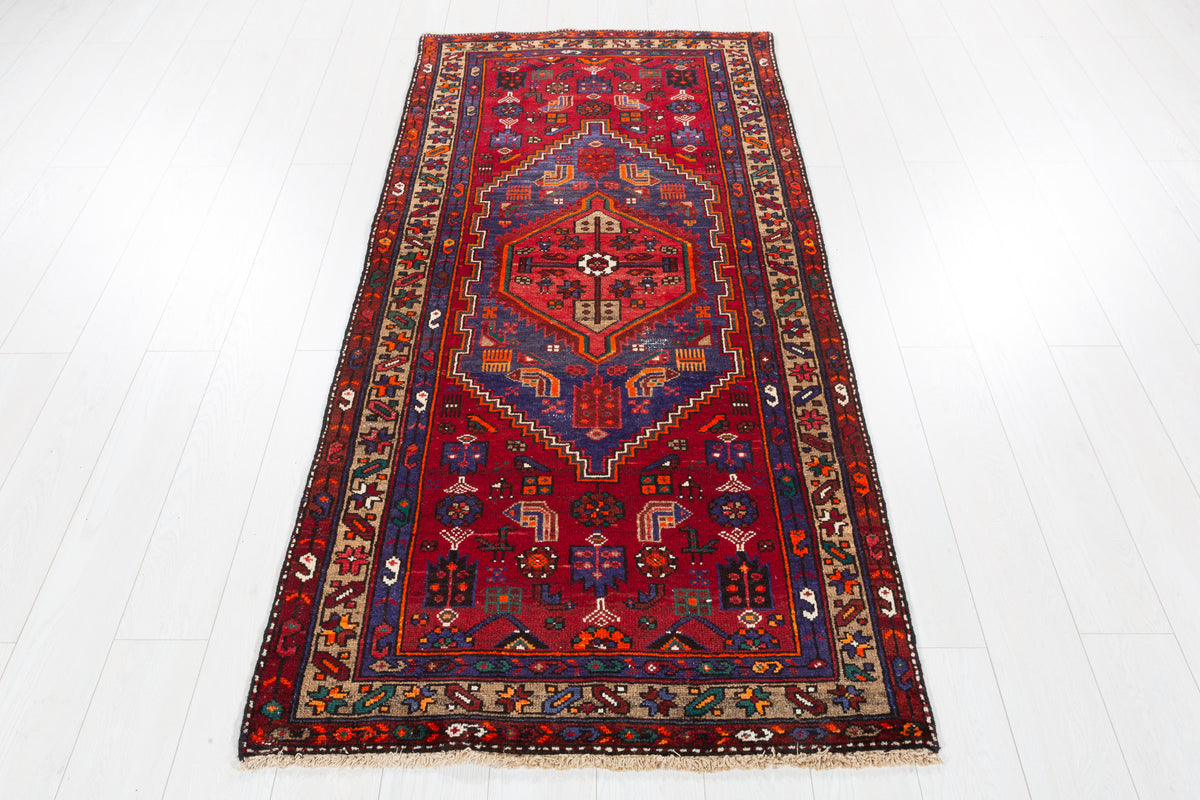 Vintage Red and Navy Blue Central Medallion Hand-Knotted Area Rug – 6' 7" x 3' 2" (201 x 97 cm)