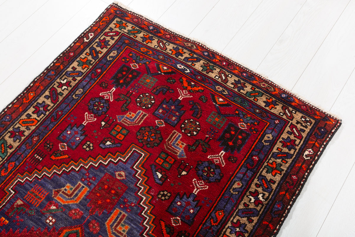 Vintage Red and Navy Blue Central Medallion Hand-Knotted Area Rug – 6' 7" x 3' 2" (201 x 97 cm)