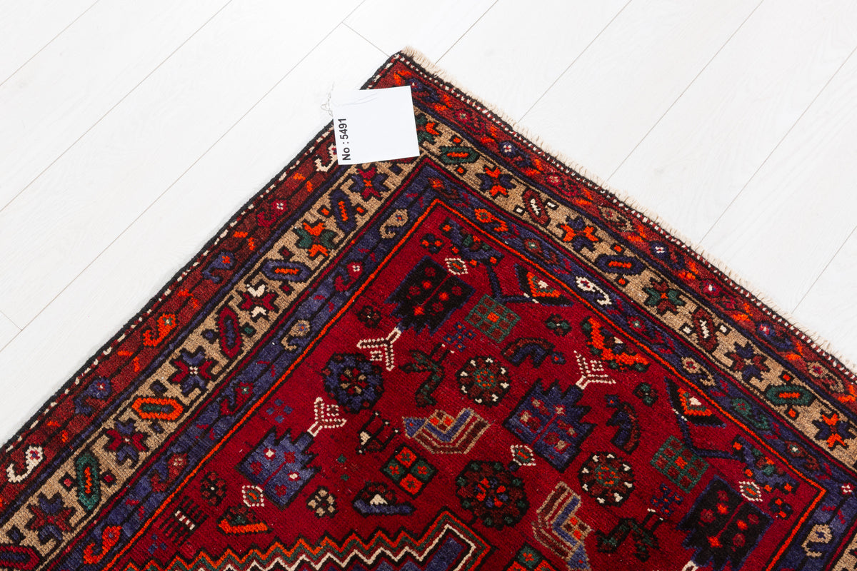 Vintage Red and Navy Blue Central Medallion Hand-Knotted Area Rug – 6' 7" x 3' 2" (201 x 97 cm)