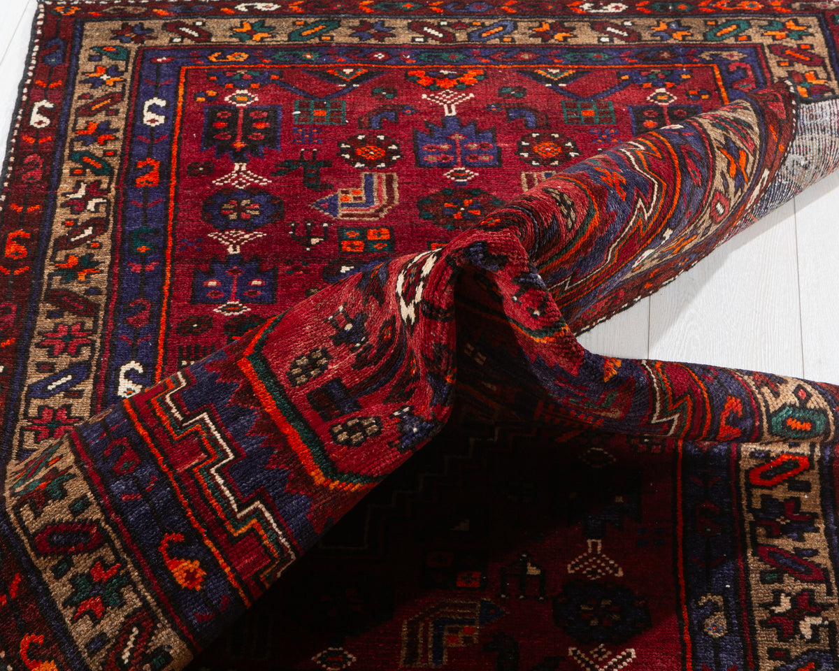 Vintage Red and Navy Blue Central Medallion Hand-Knotted Area Rug – 6' 7" x 3' 2" (201 x 97 cm)