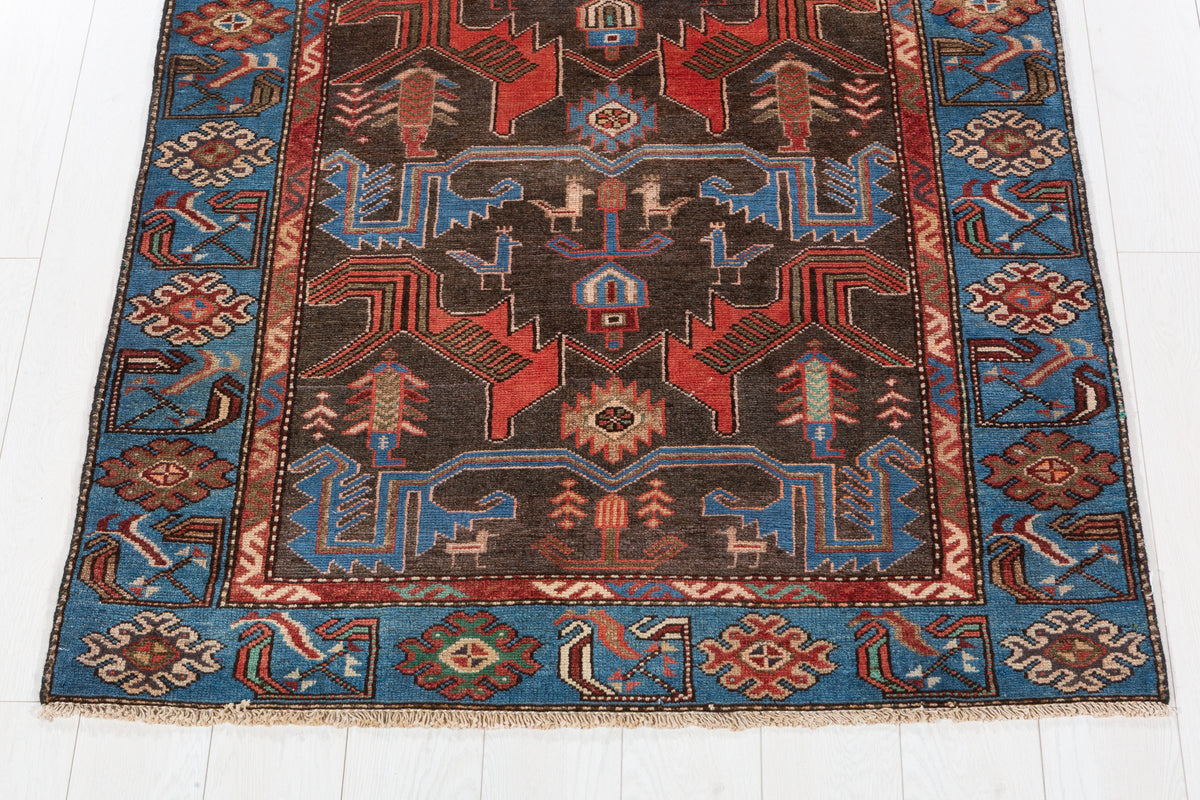 Vintage Charcoal Black and Blue Allover Geometric Hand-Knotted Area Rug – 6' 0" x 3' 10" (183 x 118 cm)