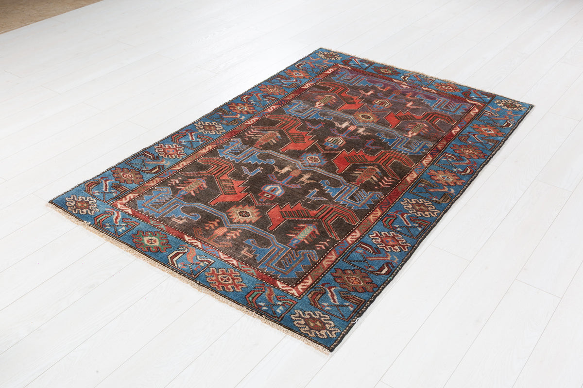 Vintage Charcoal Black and Blue Allover Geometric Hand-Knotted Area Rug – 6' 0" x 3' 10" (183 x 118 cm)