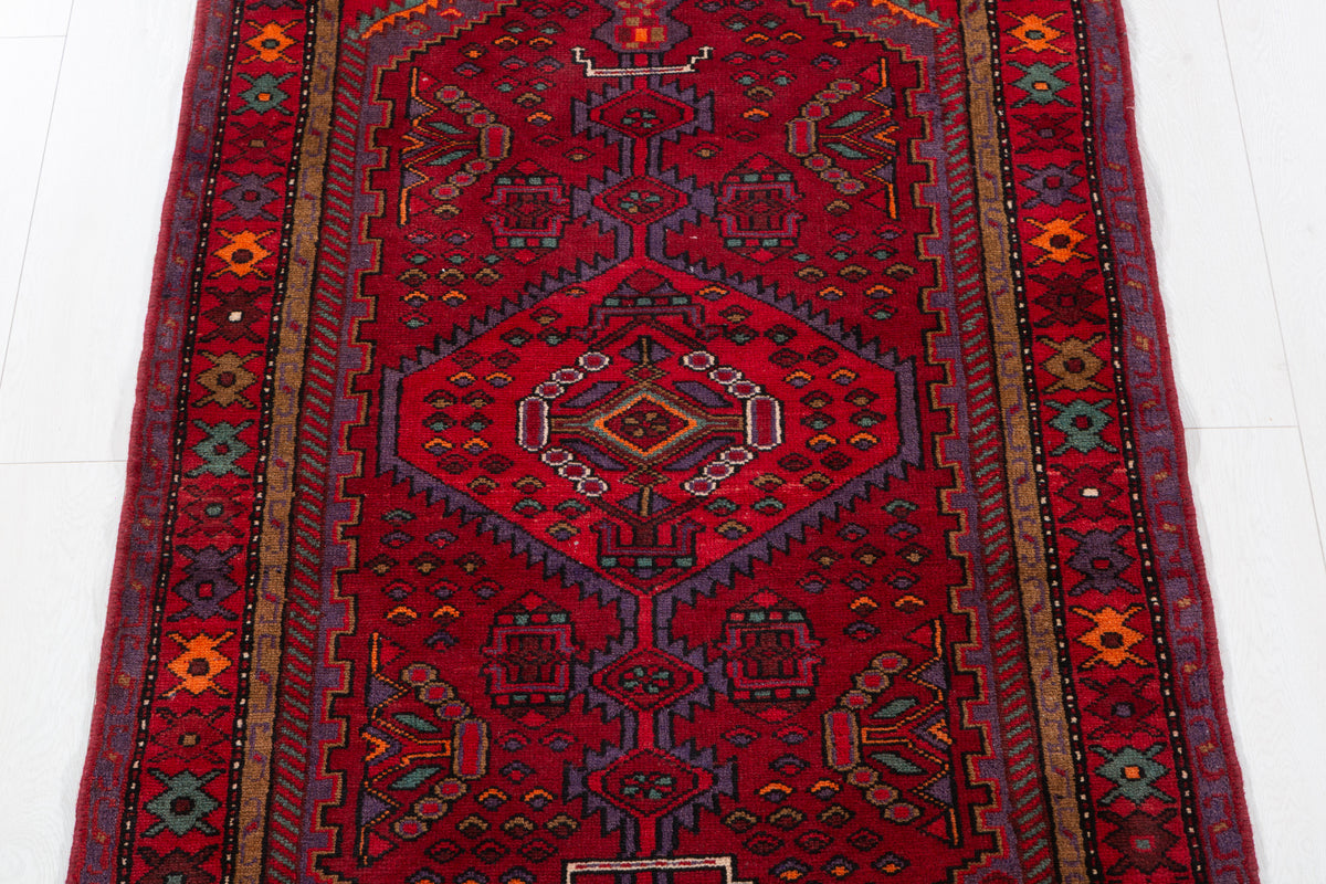 Vintage Red Geometric Medallion Hand-Knotted Area Rug – 6' 10" x 3' 5" (209 x 105 cm)