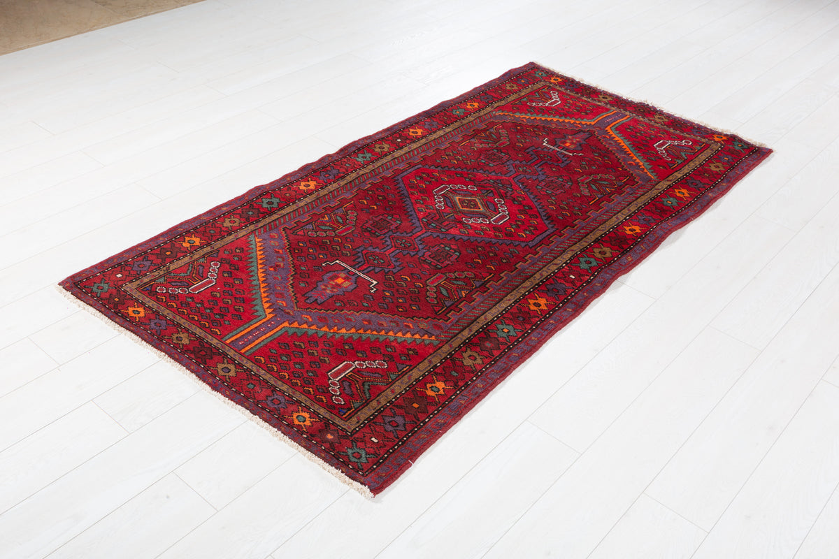 Vintage Red Geometric Medallion Hand-Knotted Area Rug – 6' 10" x 3' 5" (209 x 105 cm)