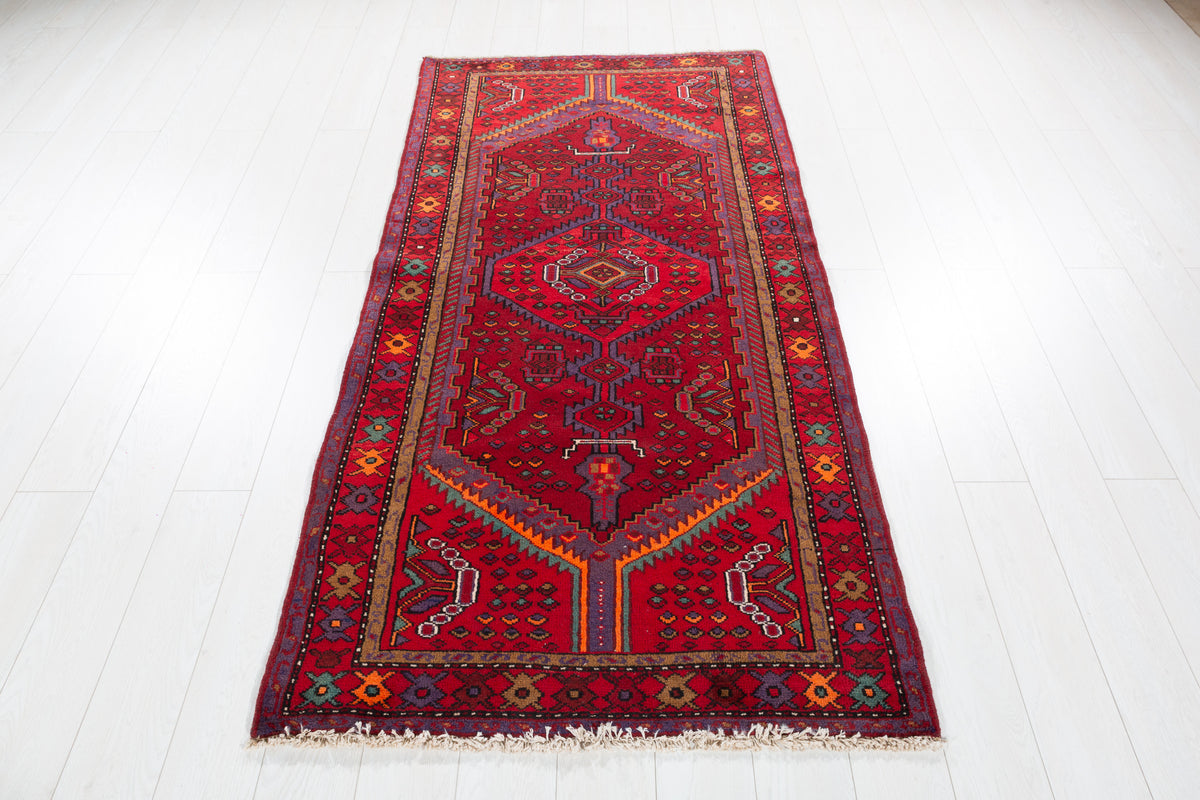 Vintage Red Geometric Medallion Hand-Knotted Area Rug – 6' 10" x 3' 5" (209 x 105 cm)