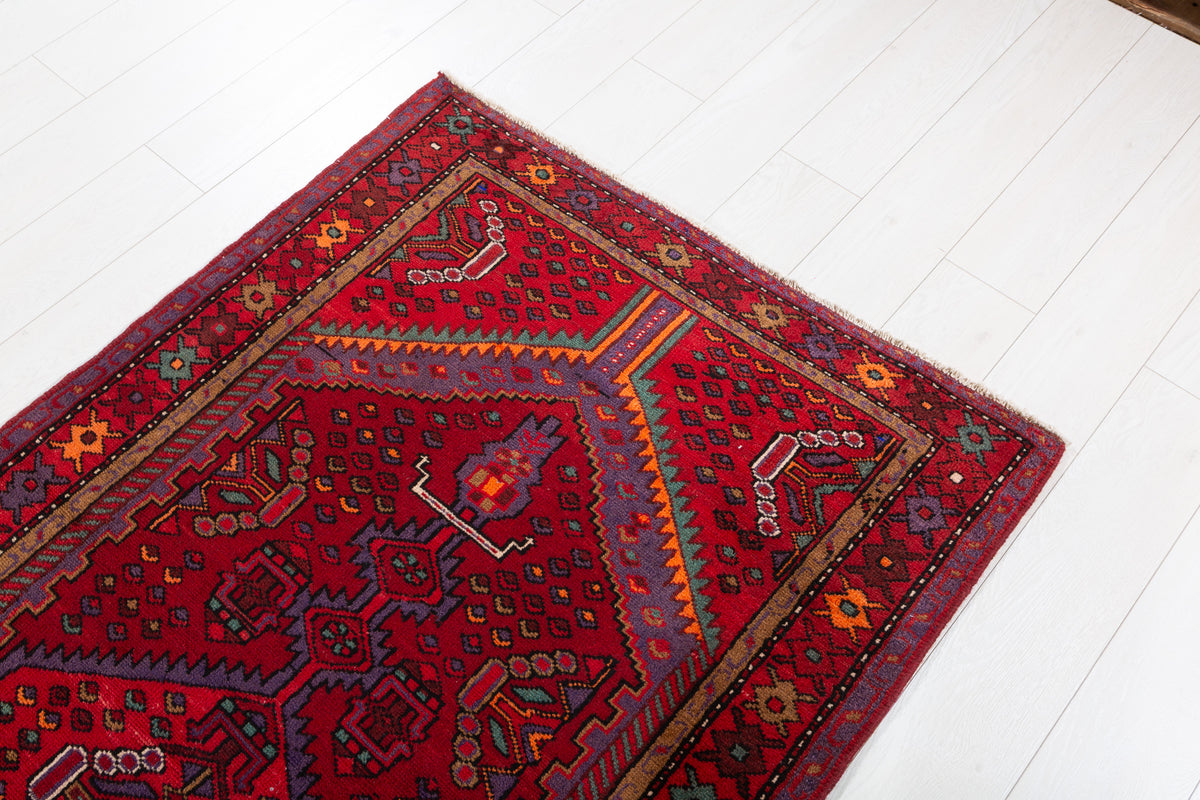Vintage Red Geometric Medallion Hand-Knotted Area Rug – 6' 10" x 3' 5" (209 x 105 cm)
