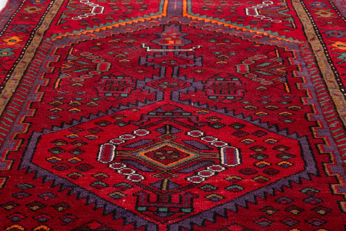 Vintage Red Geometric Medallion Hand-Knotted Area Rug – 6' 10" x 3' 5" (209 x 105 cm)