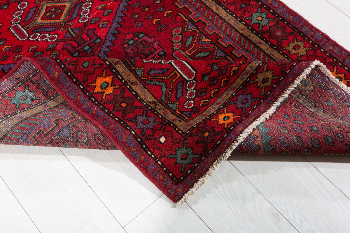 Vintage Red Geometric Medallion Hand-Knotted Area Rug – 6' 10" x 3' 5" (209 x 105 cm)