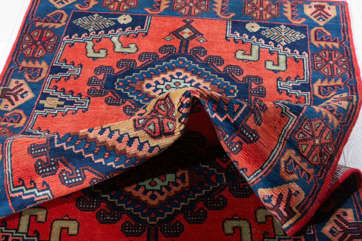 Tapis vintage orange et bleu Triple à médaillon géométrique – 6' 7" x 3' 7" (200 x 108 cm)