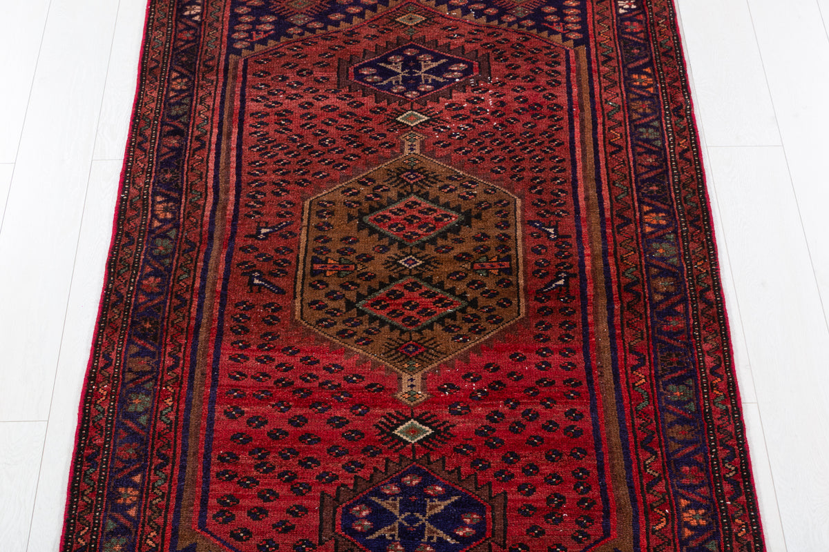 Vintage Rust Red and Navy Blue Elongated Medallion Hand-Knotted Area Rug – 5' 10" x 3' 7" (179 x 109 cm)