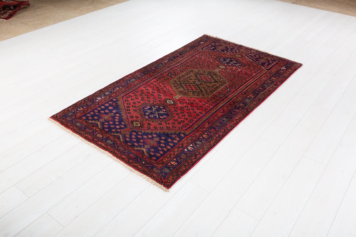 Vintage Rust Red and Navy Blue Elongated Medallion Hand-Knotted Area Rug – 5' 10" x 3' 7" (179 x 109 cm)