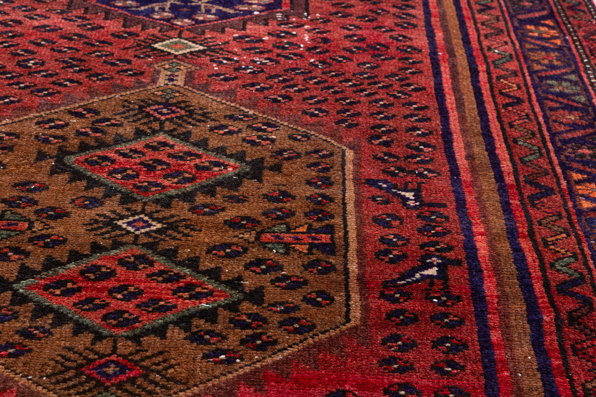 Vintage Rust Red and Navy Blue Elongated Medallion Hand-Knotted Area Rug – 5' 10" x 3' 7" (179 x 109 cm)