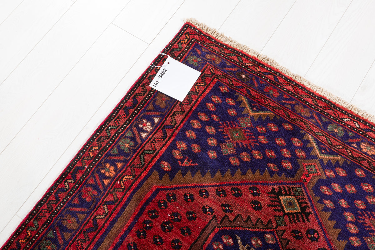 Vintage Rust Red and Navy Blue Elongated Medallion Hand-Knotted Area Rug – 5' 10" x 3' 7" (179 x 109 cm)