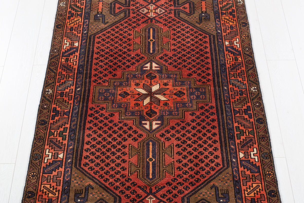 Vintage Brick Red Allover Lattice and Medallion Hand-Knotted Area Rug – 6' 11" x 3' 5" (210 x 104 cm)