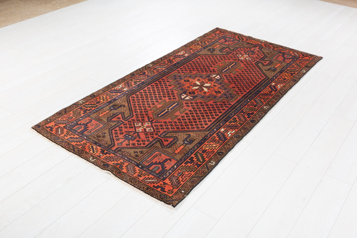 Vintage Brick Red Allover Lattice and Medallion Hand-Knotted Area Rug – 6' 11" x 3' 5" (210 x 104 cm)