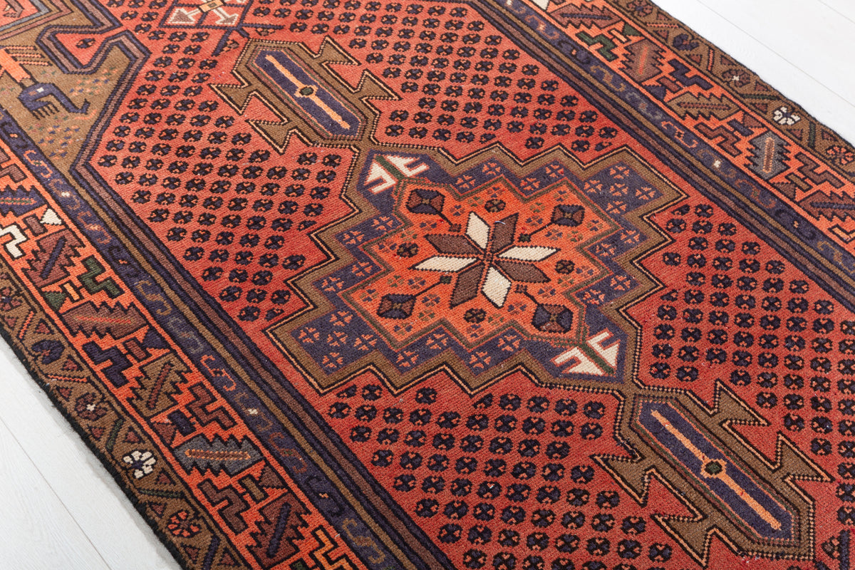 Vintage Brick Red Allover Lattice and Medallion Hand-Knotted Area Rug – 6' 11" x 3' 5" (210 x 104 cm)