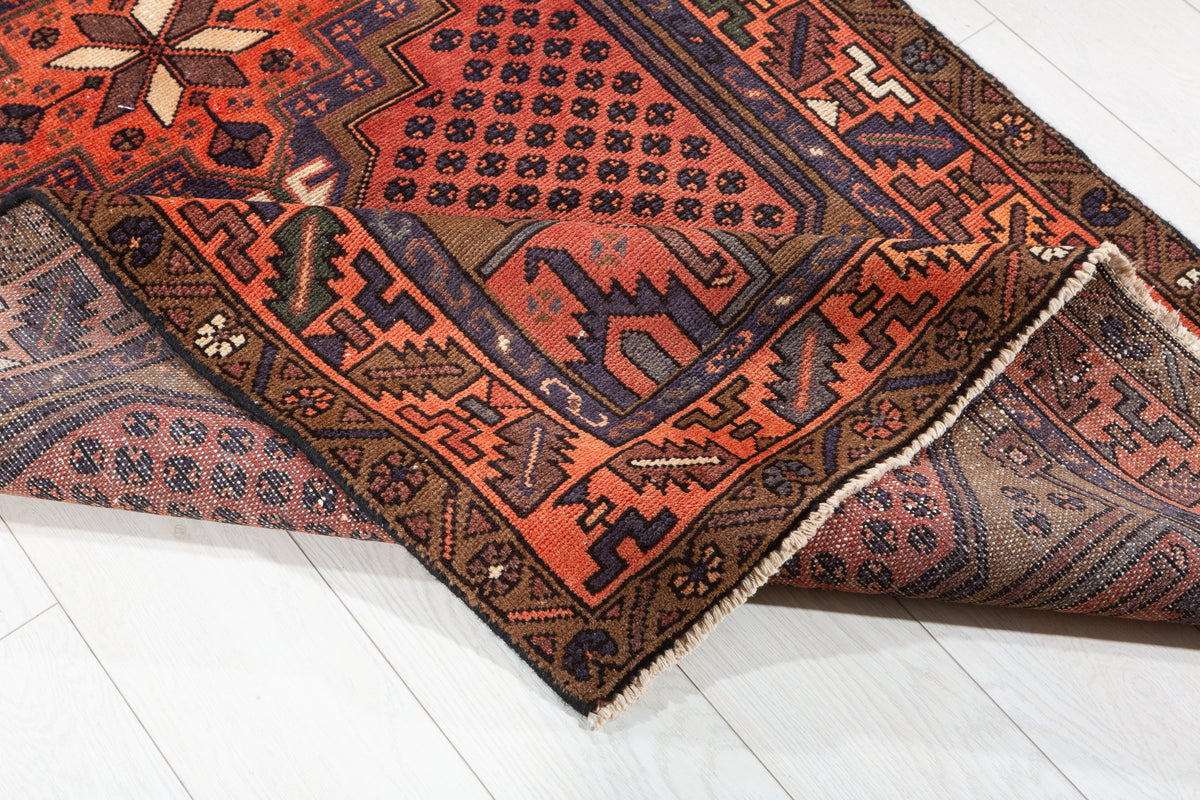 Vintage Brick Red Allover Lattice and Medallion Hand-Knotted Area Rug – 6' 11" x 3' 5" (210 x 104 cm)