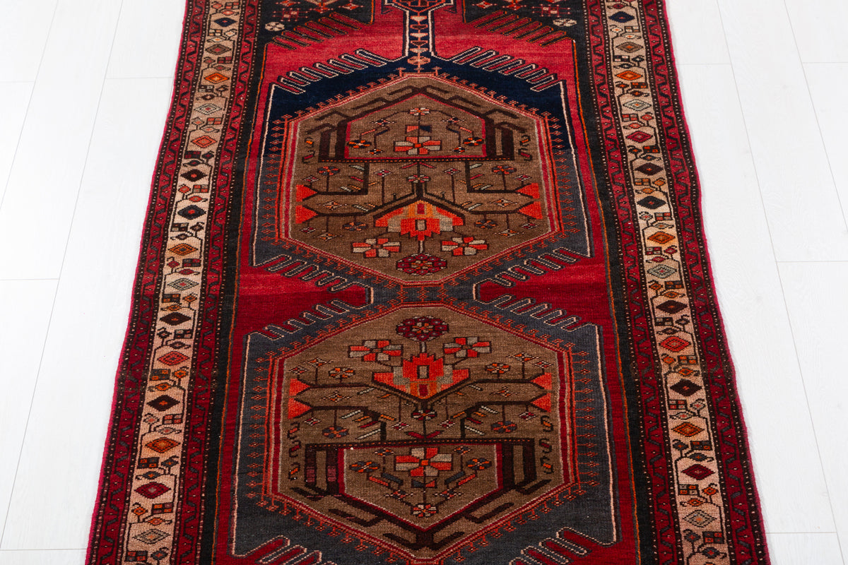 Vintage Red and Charcoal Black Twin Medallion Hand-Knotted Area Rug – 7' 3" x 3' 5" (220 x 105 cm)