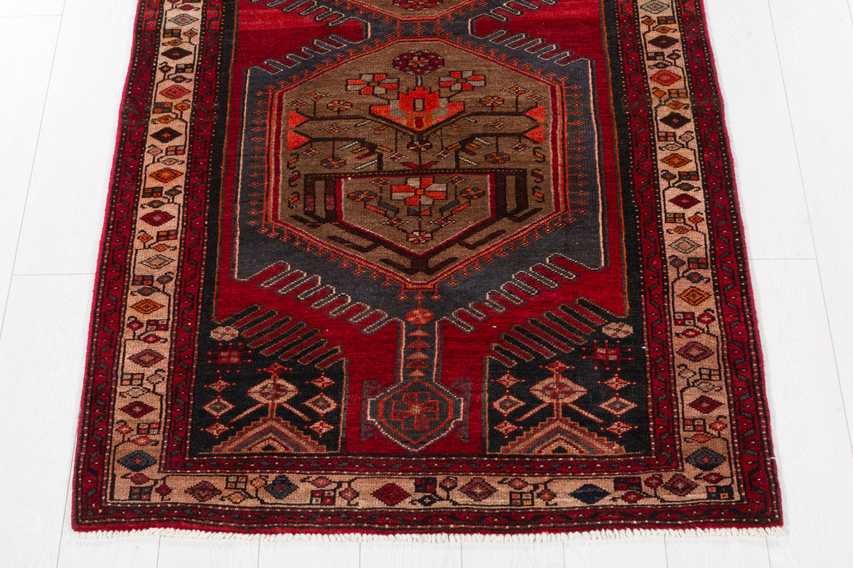 Vintage Red and Charcoal Black Twin Medallion Hand-Knotted Area Rug – 7' 3" x 3' 5" (220 x 105 cm)