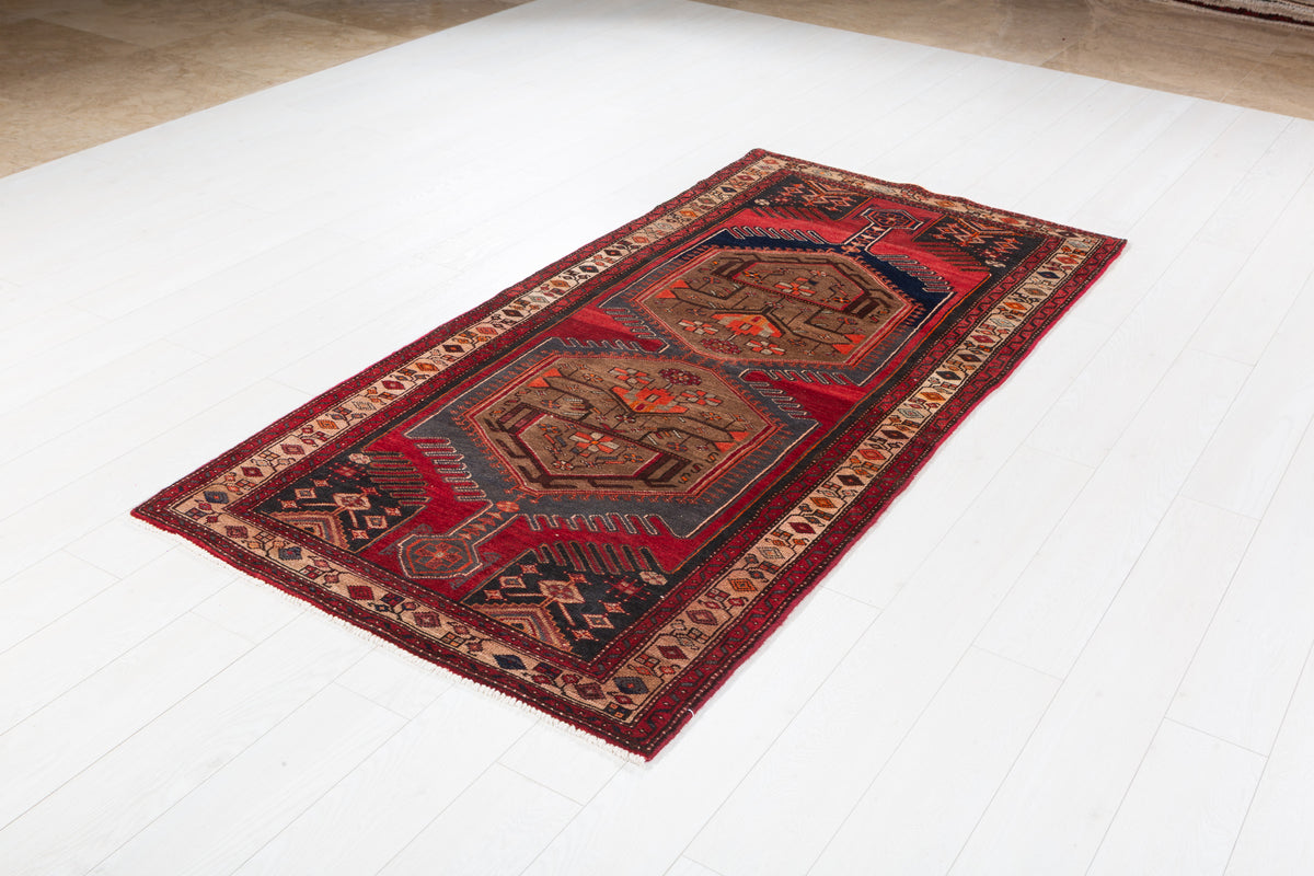 Vintage Red and Charcoal Black Twin Medallion Hand-Knotted Area Rug – 7' 3" x 3' 5" (220 x 105 cm)