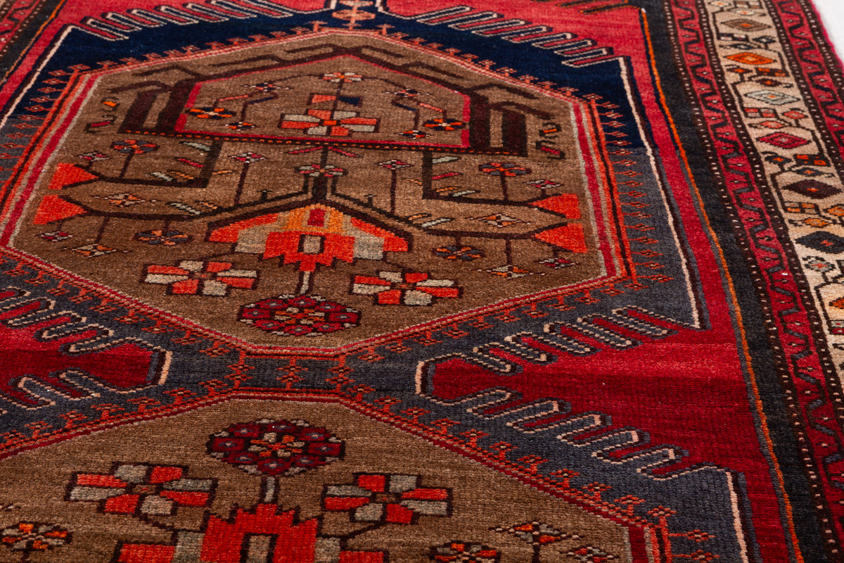 Vintage Red and Charcoal Black Twin Medallion Hand-Knotted Area Rug – 7' 3" x 3' 5" (220 x 105 cm)