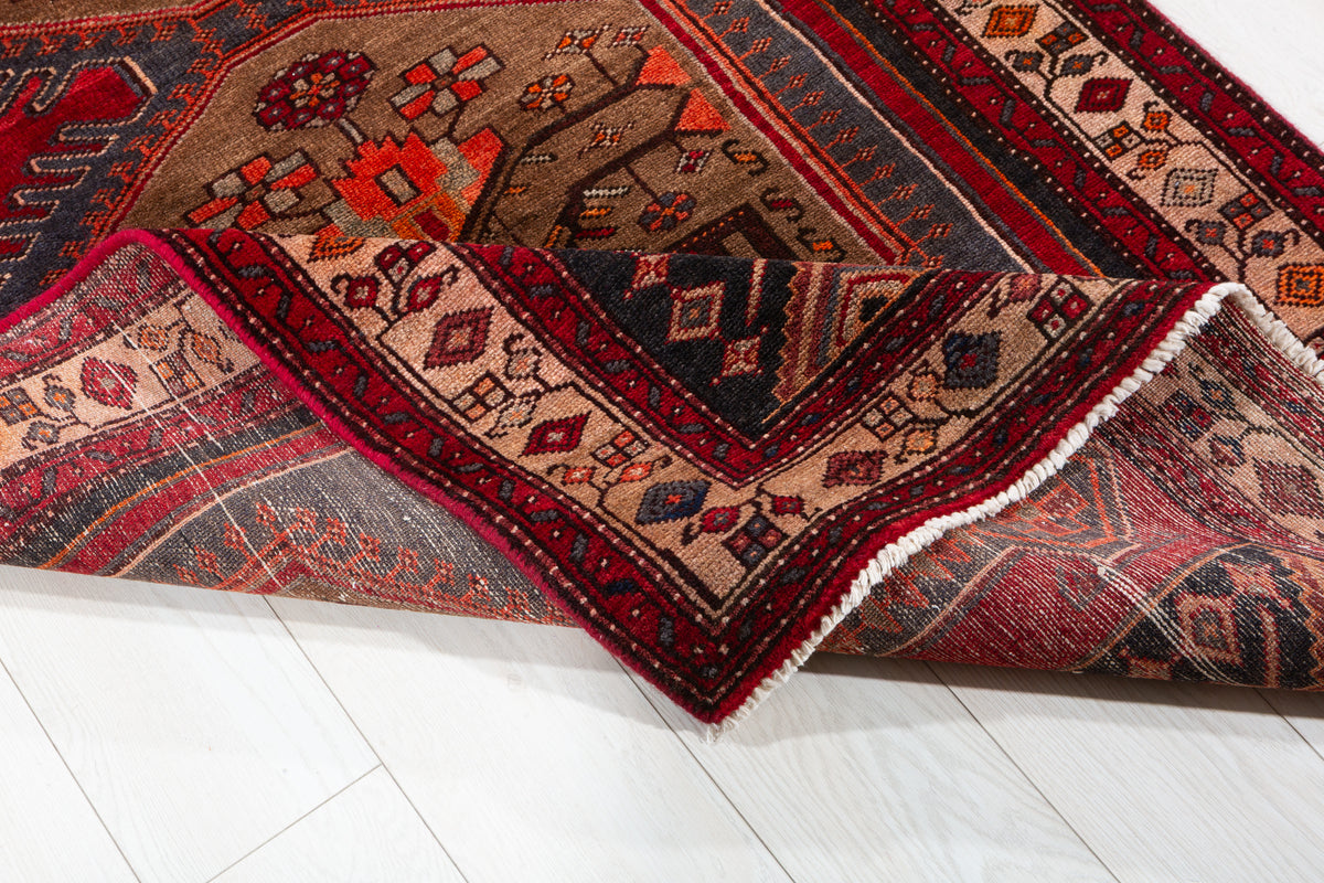 Vintage Red and Charcoal Black Twin Medallion Hand-Knotted Area Rug – 7' 3" x 3' 5" (220 x 105 cm)