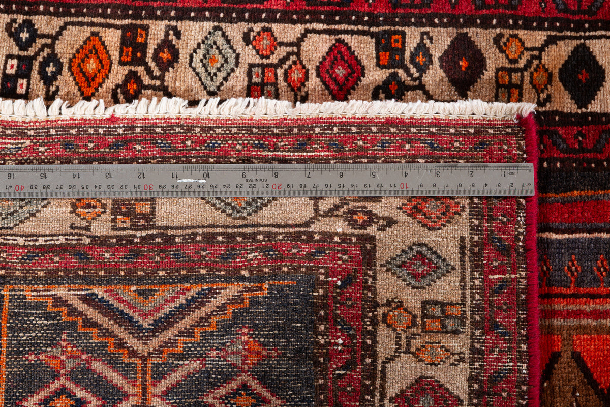 Vintage Red and Charcoal Black Twin Medallion Hand-Knotted Area Rug – 7' 3" x 3' 5" (220 x 105 cm)