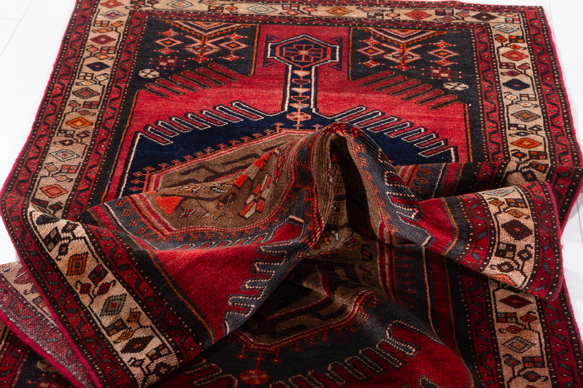 Vintage Red and Charcoal Black Twin Medallion Hand-Knotted Area Rug – 7' 3" x 3' 5" (220 x 105 cm)
