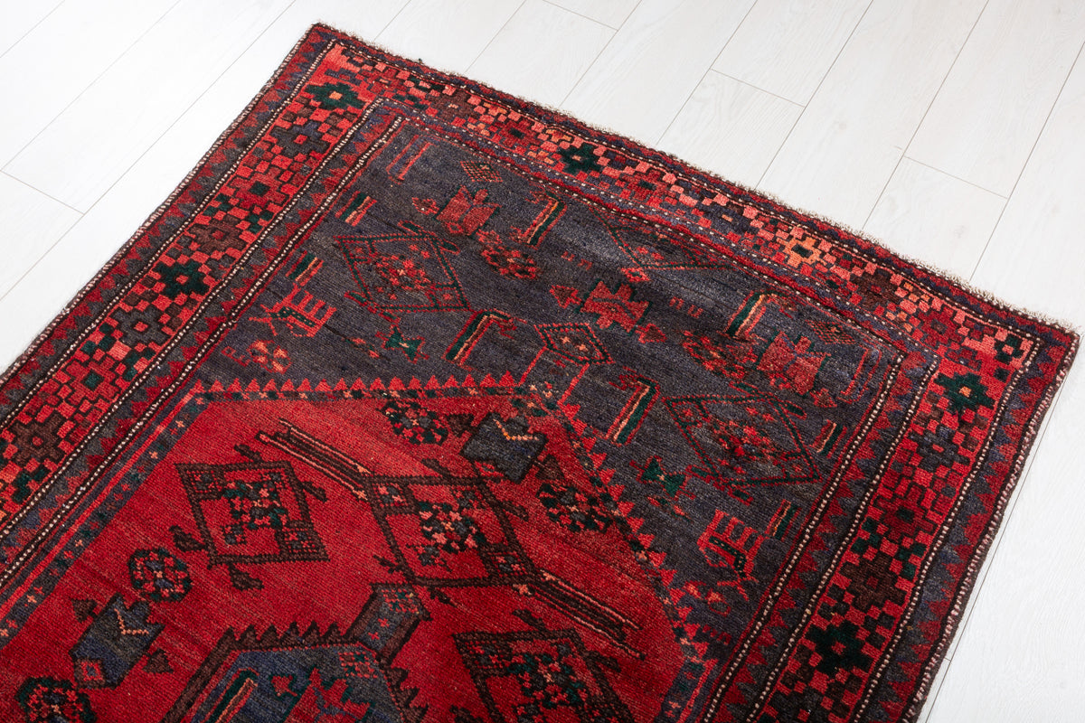 Vintage Faded Red Geometric Medallion Hand-Knotted Area Rug – 6' 5" x 3' 6" (195 x 106 cm)