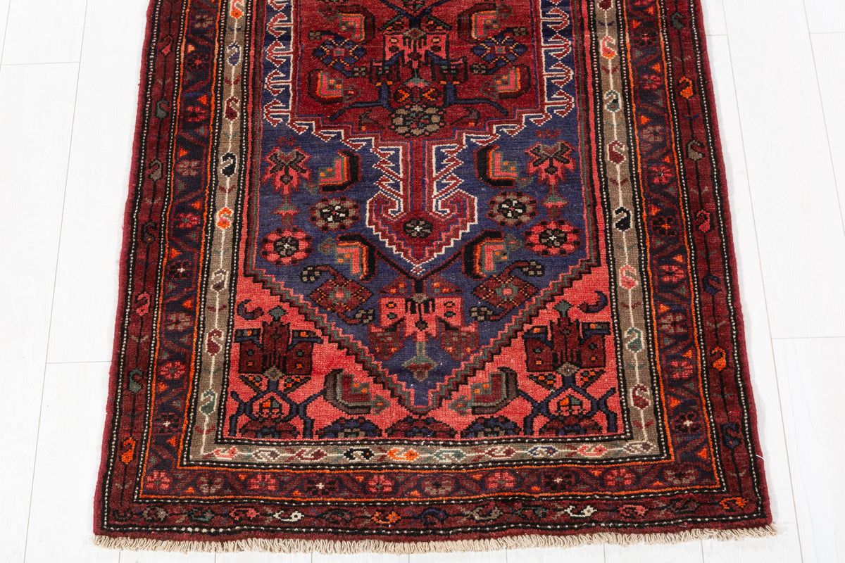Vintage Rust Red and Navy Blue Allover Lattice Medallion Hand-Knotted Area Rug – 6' 8" x 3' 3" (204 x 100 cm)