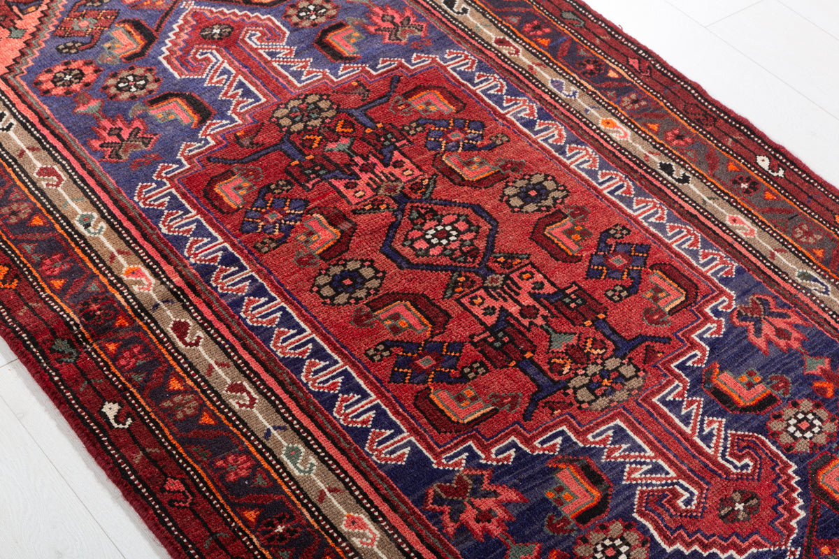Vintage Rust Red and Navy Blue Allover Lattice Medallion Hand-Knotted Area Rug – 6' 8" x 3' 3" (204 x 100 cm)