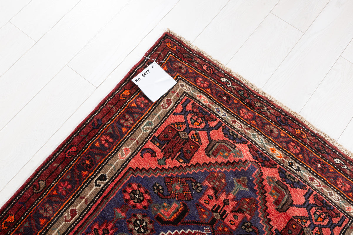 Vintage Rust Red and Navy Blue Allover Lattice Medallion Hand-Knotted Area Rug – 6' 8" x 3' 3" (204 x 100 cm)