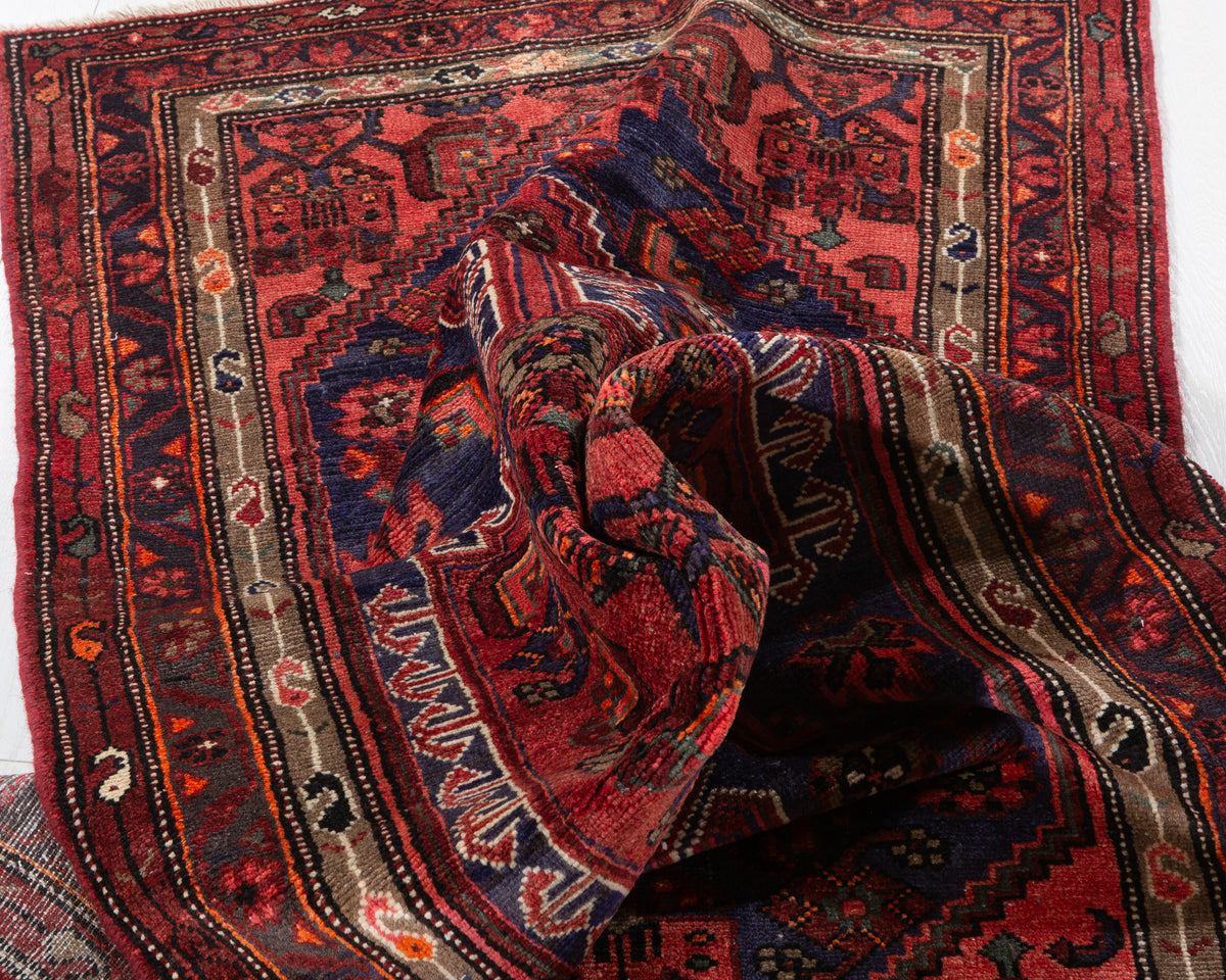 Vintage Rust Red and Navy Blue Allover Lattice Medallion Hand-Knotted Area Rug – 6' 8" x 3' 3" (204 x 100 cm)