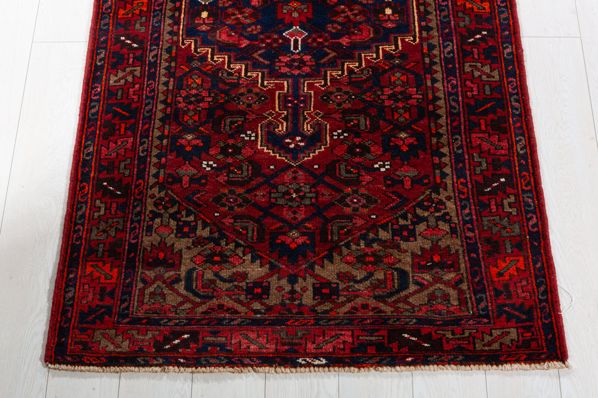 Vintage Red and Navy Blue Intricate Central Medallion Hand-Knotted Area Rug – 6' 8" x 3' 5" (203 x 103 cm)
