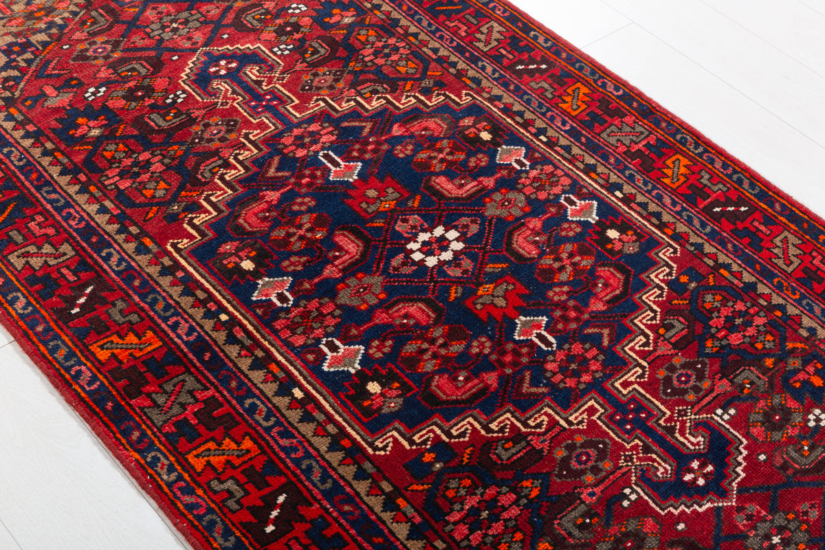 Vintage Red and Navy Blue Intricate Central Medallion Hand-Knotted Area Rug – 6' 8" x 3' 5" (203 x 103 cm)