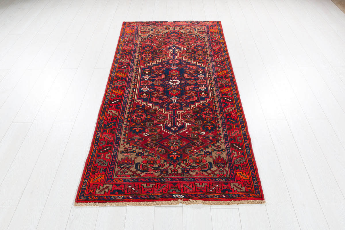 Vintage Red and Navy Blue Intricate Central Medallion Hand-Knotted Area Rug – 6' 8" x 3' 5" (203 x 103 cm)