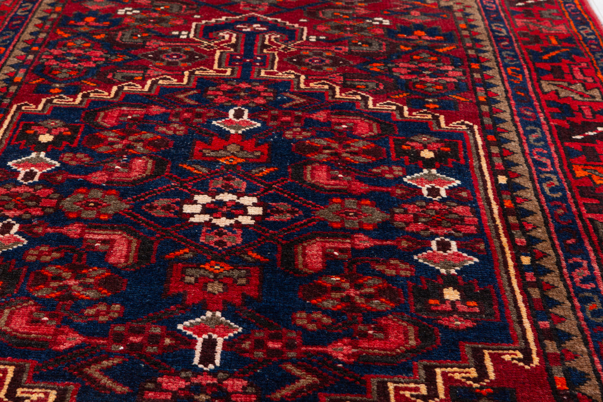 Vintage Red and Navy Blue Intricate Central Medallion Hand-Knotted Area Rug – 6' 8" x 3' 5" (203 x 103 cm)