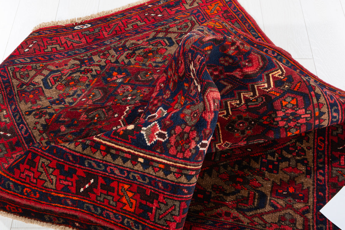 Vintage Red and Navy Blue Intricate Central Medallion Hand-Knotted Area Rug – 6' 8" x 3' 5" (203 x 103 cm)