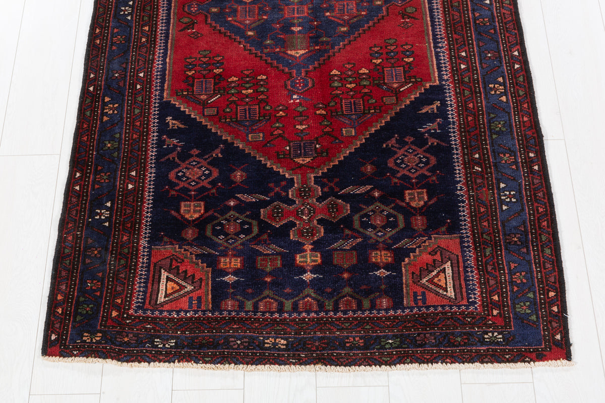 Vintage Red and Navy Blue Central Diamond Medallion Hand-Knotted Area Rug – 6' 6" x 3' 6" (197 x 107 cm)