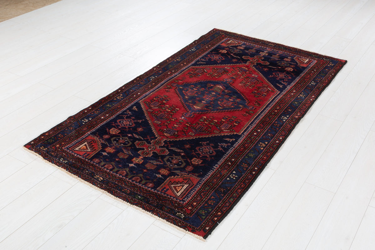 Vintage Red and Navy Blue Central Diamond Medallion Hand-Knotted Area Rug – 6' 6" x 3' 6" (197 x 107 cm)