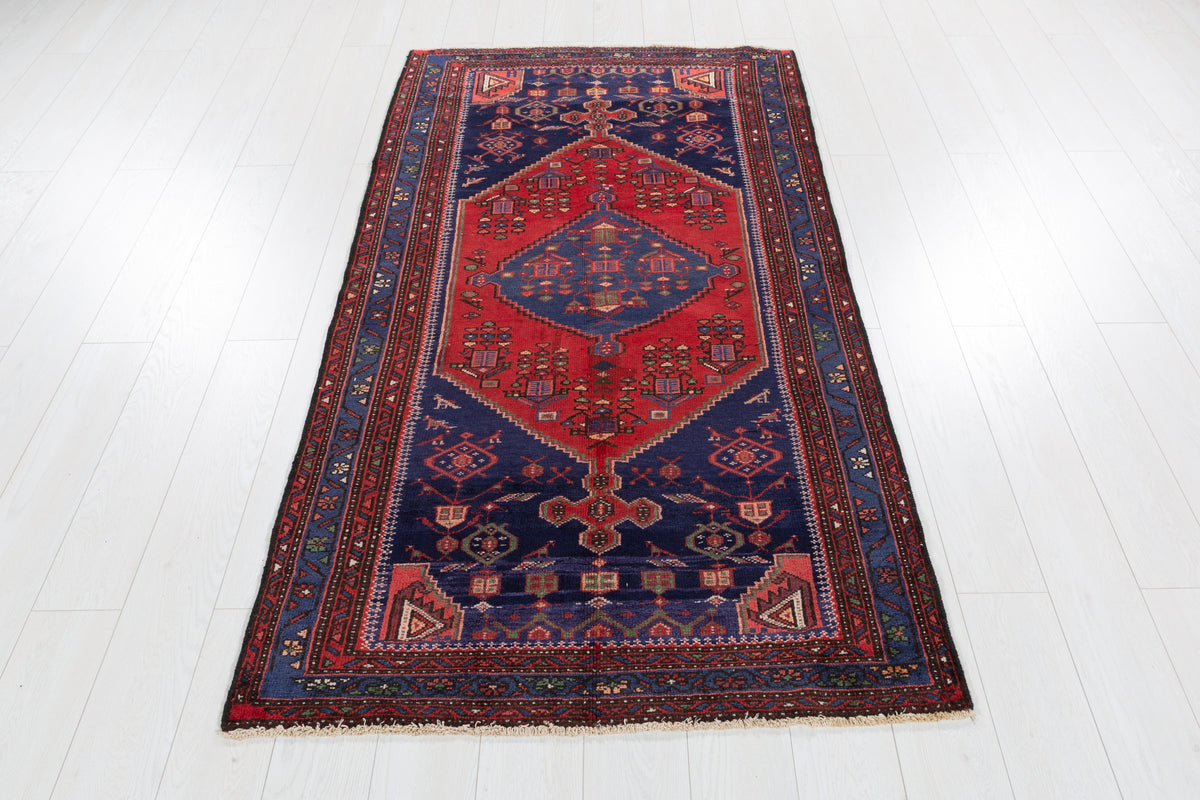 Vintage Red and Navy Blue Central Diamond Medallion Hand-Knotted Area Rug – 6' 6" x 3' 6" (197 x 107 cm)