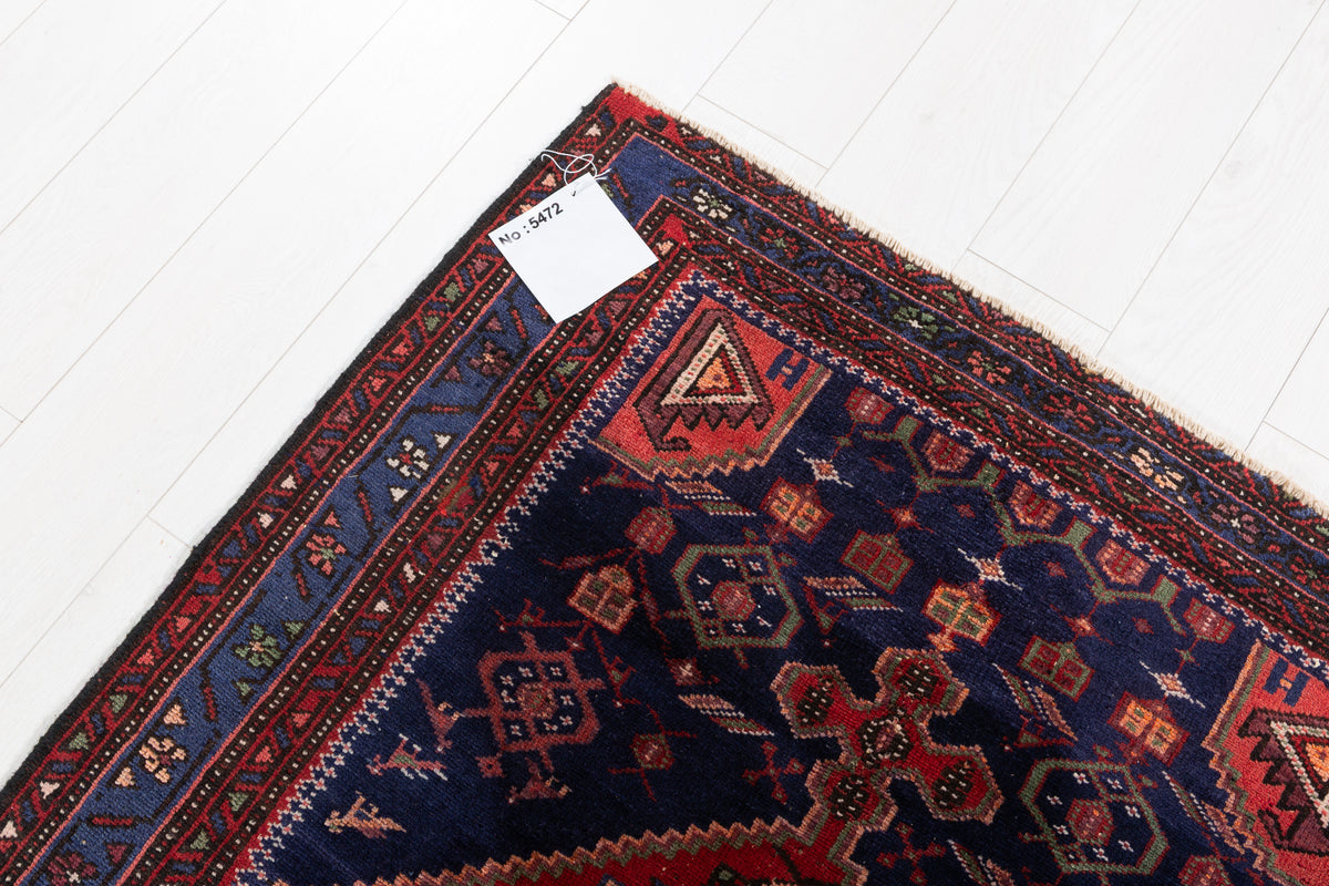 Vintage Red and Navy Blue Central Diamond Medallion Hand-Knotted Area Rug – 6' 6" x 3' 6" (197 x 107 cm)